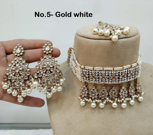 Ivory Indian jewellery Gold finish kundan Choker Set/Gold Rama green, dark pink, Gold white, maroon, sky blue Indian dina Jewellery Set/Indian Choker