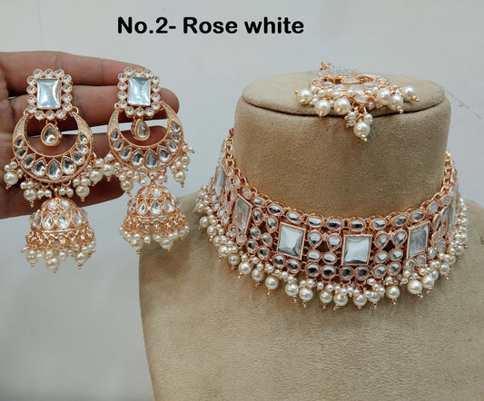 Ivory Indian  Rose gold finish kundan Choker Set/ Rose white, maroon, Lavender, Purple, Indian Riya Jewellery Set/Indian Choker