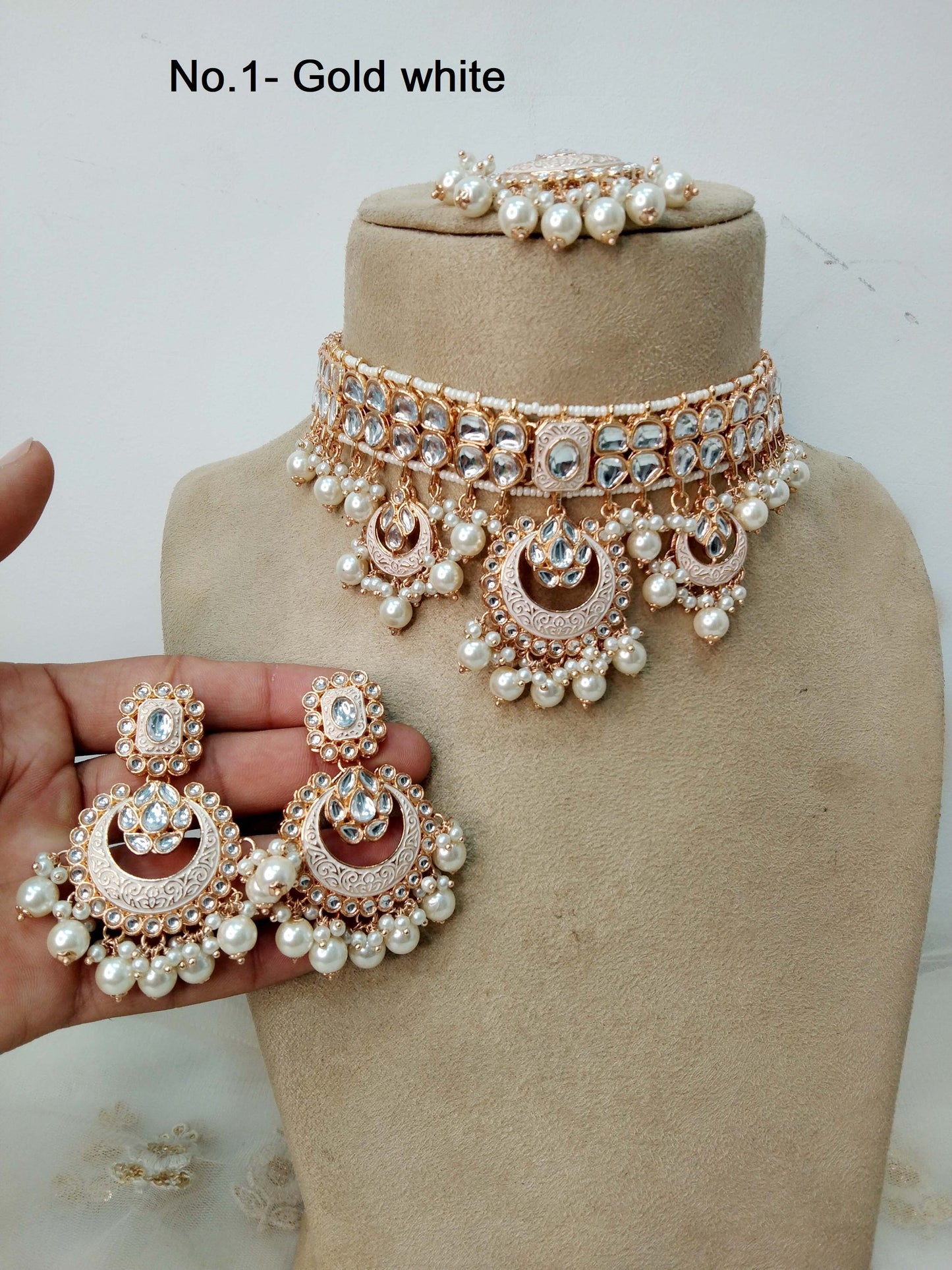 Indian jewellery kundan Choker Set Necklace Earrings Set/Gold white, Green set Indian Ferry Jewellery Necklace Set/Indian Choker Set