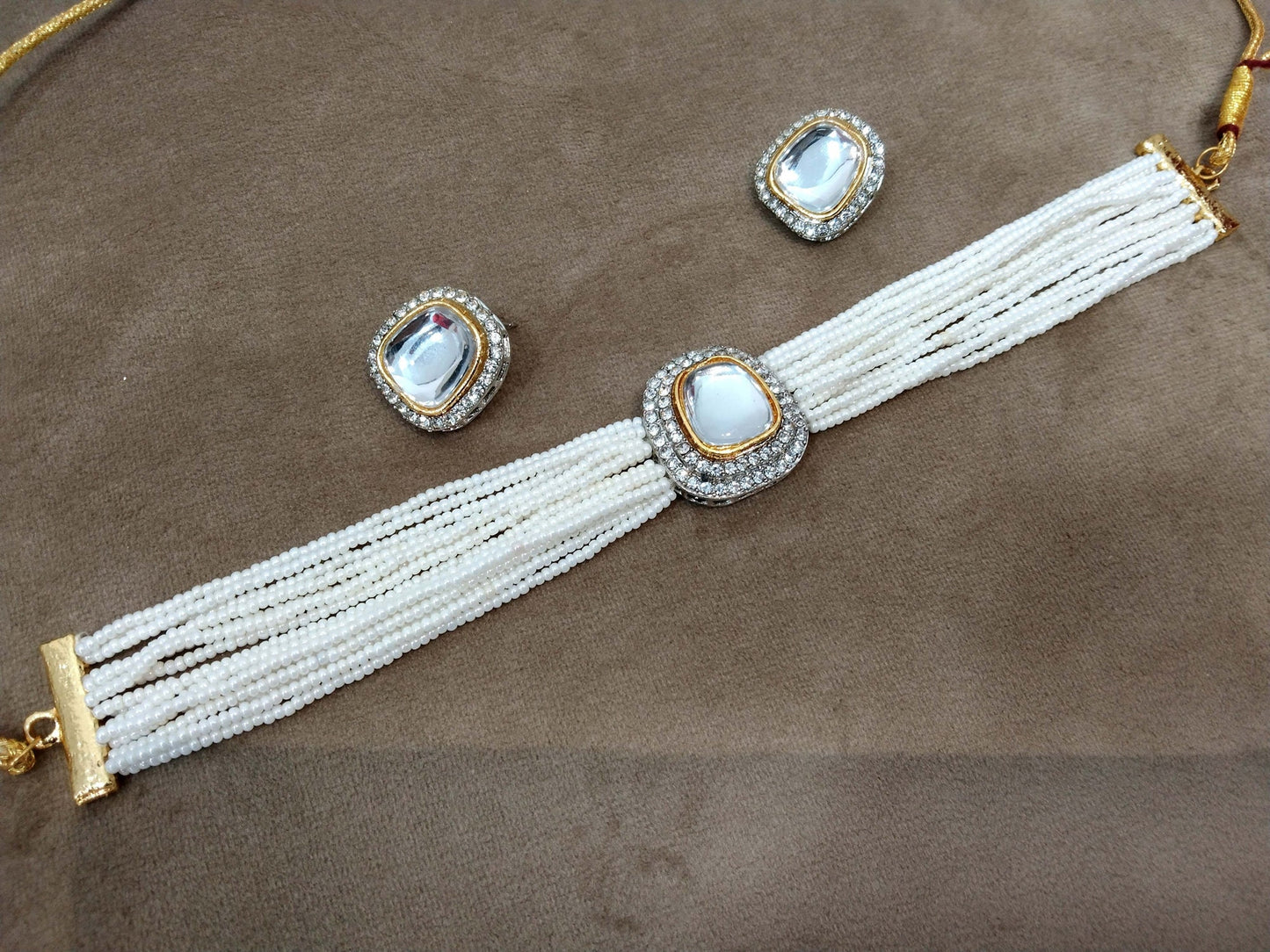 kundan Choker Set stud  Earrings Set/Gold white kundan choker set Indian Jewellery Necklace Set/Indian stud  Choker Set