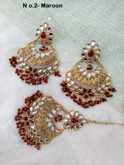 Indian Jewellery/ Green, Maroon< Gold white Kundan Jewelry Earrings Tikka Set/Indian Earrings Punjabi Bollywood Set Jewellery/Bollywood Set