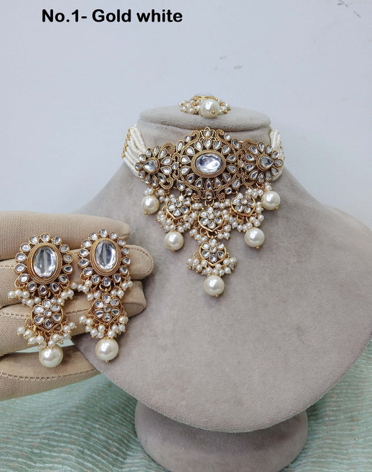 kundan Choker Set Necklace Earrings Set/Maroon, Gold White  choker set Indian Jewellery Necklace Set/Indian heena Choker Set