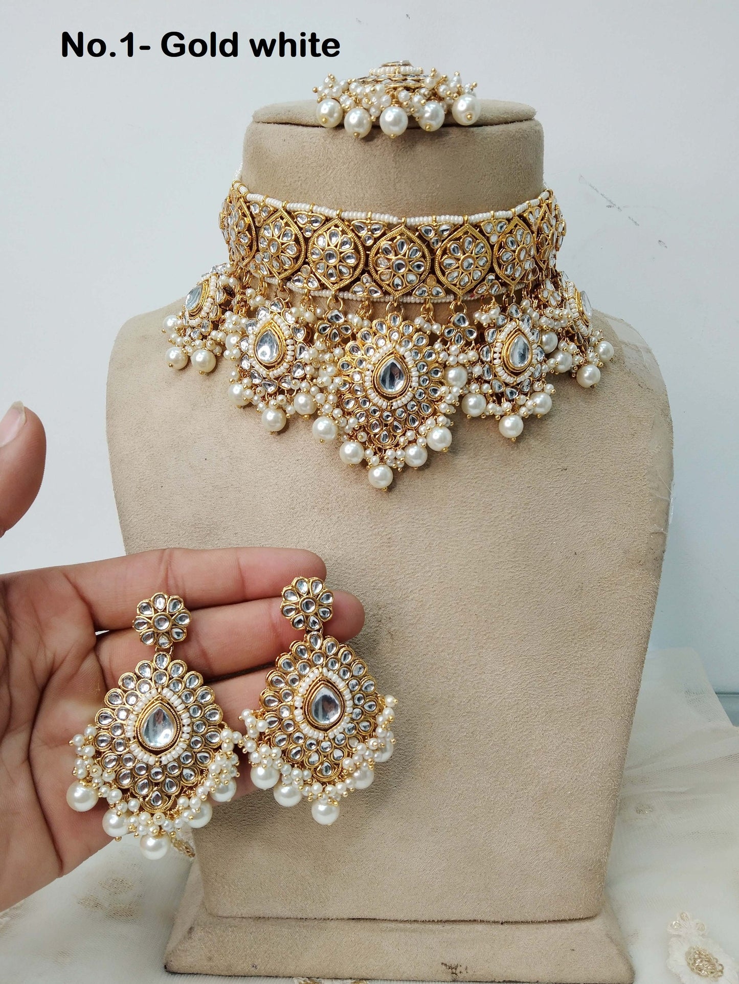 Ivory Gold Indian Necklace Jewellery, Kundan necklace Set Indian Wedding Bridal Ethnic Bridal indian Necklace set, tiska bridesmaids enameled set