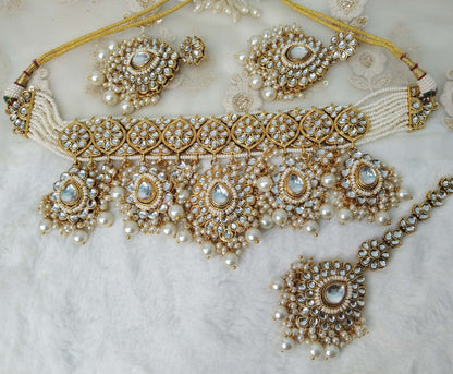 Ivory Gold Indian Necklace Jewellery, Kundan necklace Set Indian Wedding Bridal Ethnic Bridal indian Necklace set, tiska bridesmaids enameled set