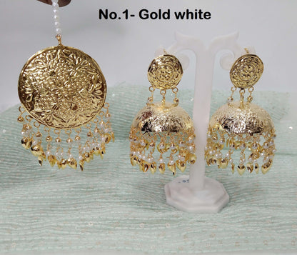 Indian Earrings Jhumka Jadau Gold Plat Big Earrings Tikka /Indian Jhumka Tikka Set/ Punjabi Indian Jewellery