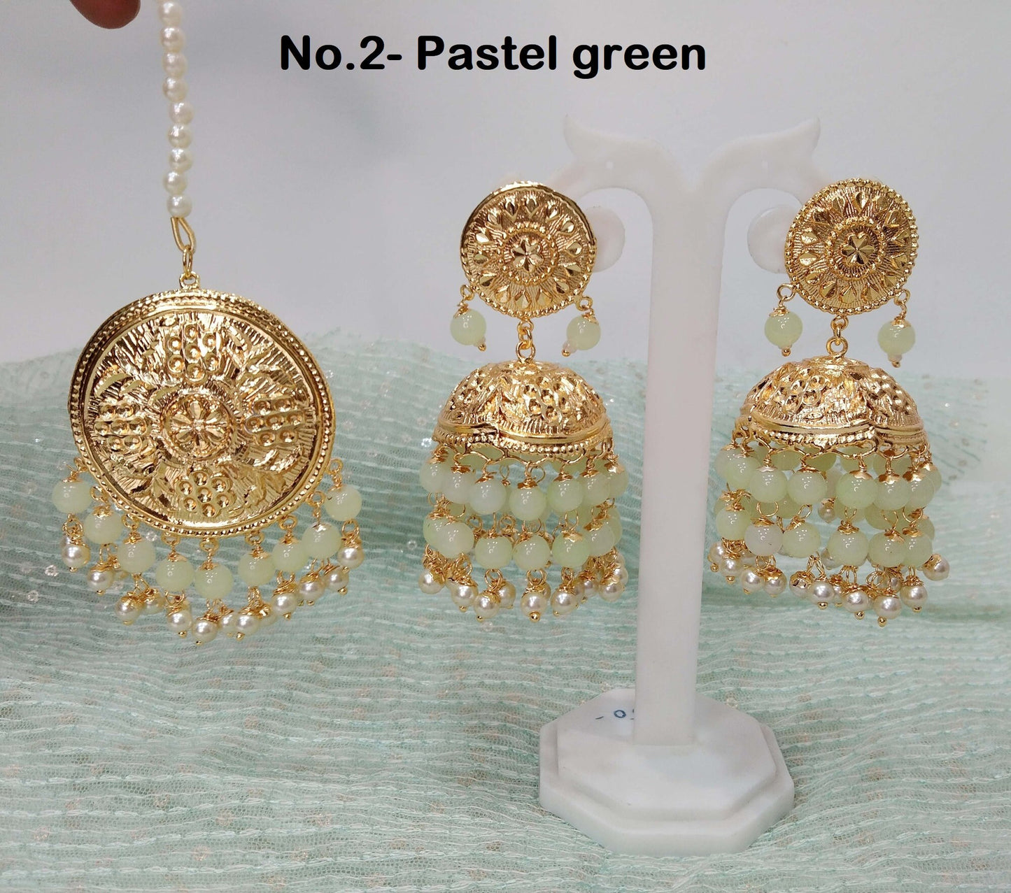 Jadau Gold, Pink ,Ivory ,Yellow ,Firoji Jhumka Jhumki Earrings Tikka /Indian Pearl Jhumka Tikka Set/ Punjabi Jewellery/Muslim Jhumki Set