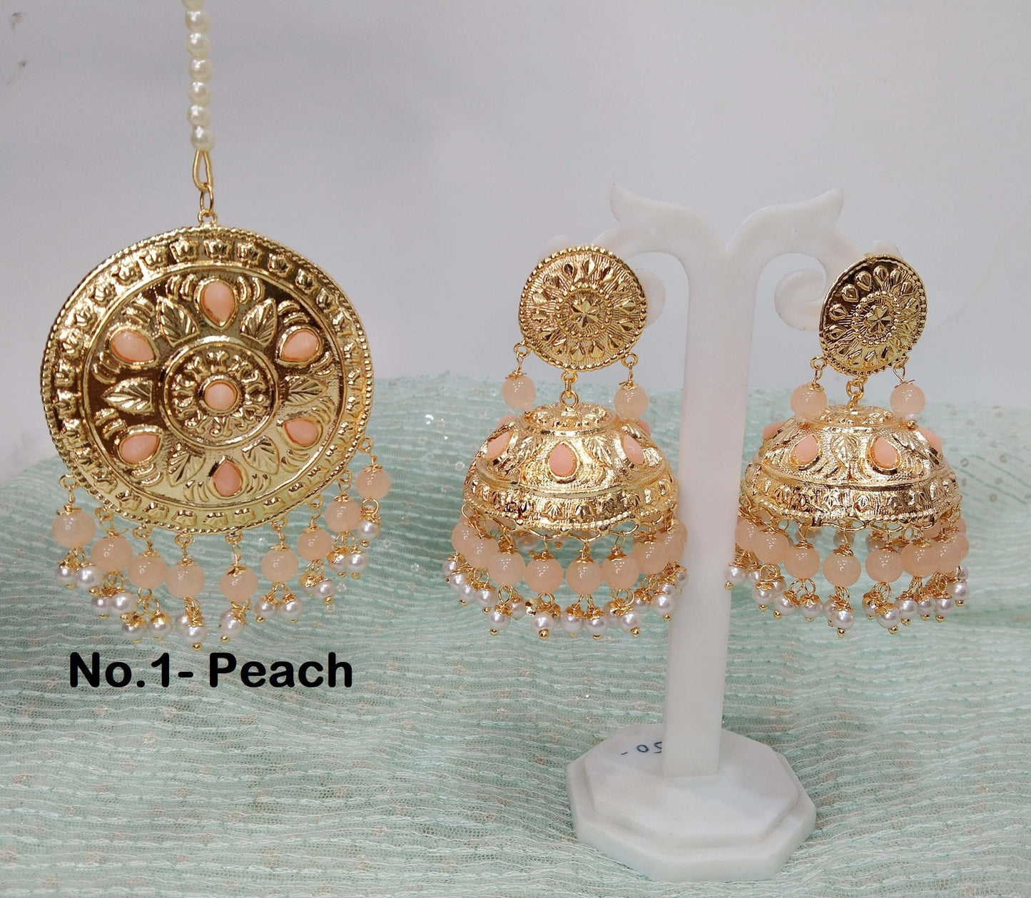 Indian Earrings Jhumka Jadau Gold Plat Big Gajri Peach Earrings Tikka /Indian Jhumka Tikka Set/ Punjabi Indian Jewellery