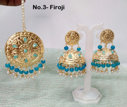 Indian Earrings Jhumka Jadau Gold Plat Big Gajri Peach Earrings Tikka /Indian Jhumka Tikka Set/ Punjabi Indian Jewellery