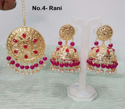 Indian Earrings Jhumka Jadau Gold Plat Big Gajri Peach Earrings Tikka /Indian Jhumka Tikka Set/ Punjabi Indian Jewellery