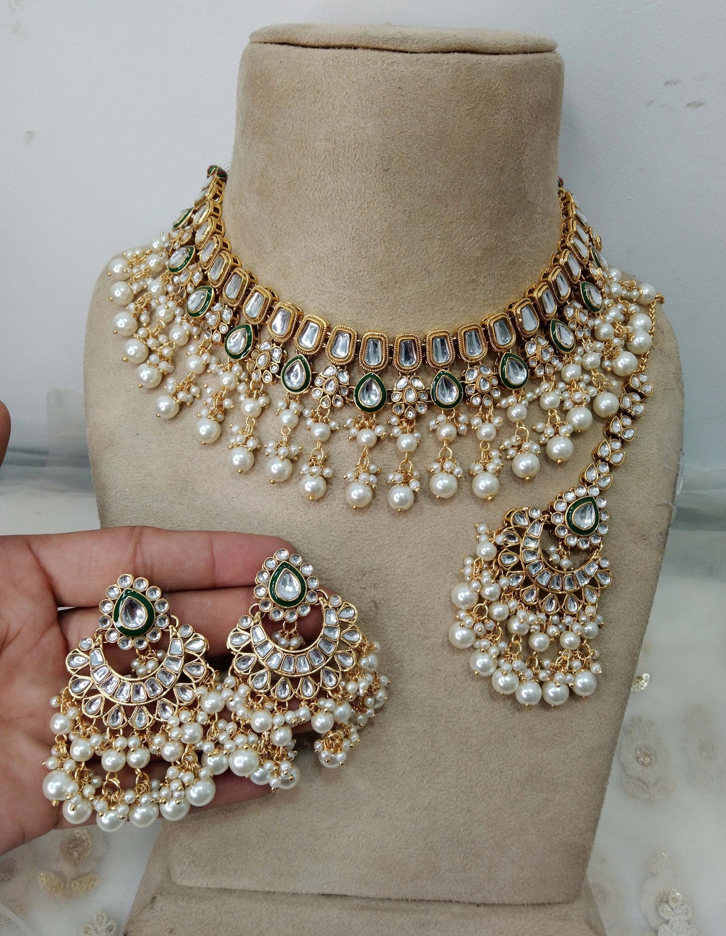 Ivory Indian  Jewellery , Kundan necklace Set Indian Wedding Semi Bridal Ethnic Bridal city Necklace, bridesmaids set, Punjabi set