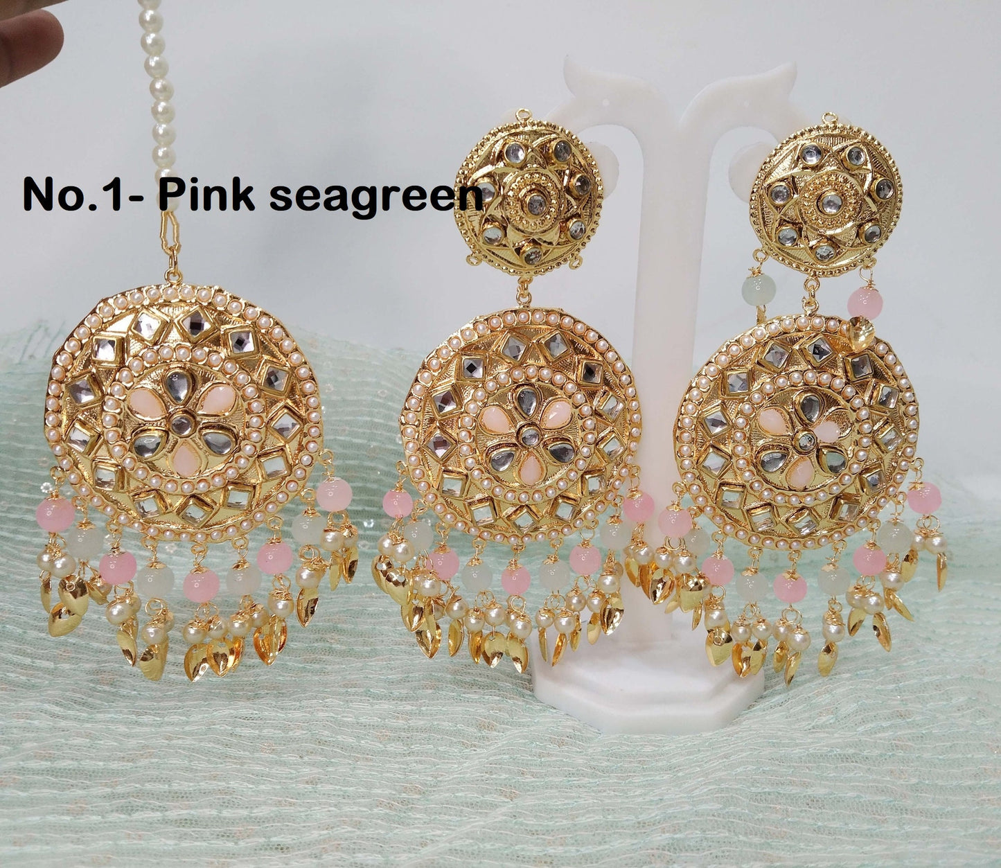 Indische Ohrringe Jadau rosa seegrün, gold weiß Pippal Patti Ohrringe Tikka Set /Punjabi Indian Tikka Set