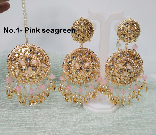 Indian Earrings Jadau  pink seagreen, gold white Pippal Patti Earrings Tikka Set /Punjabi Indian Tikka Set