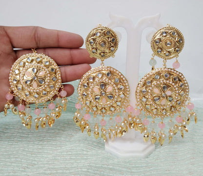 Indian Earrings Jadau  pink seagreen, gold white Pippal Patti Earrings Tikka Set /Punjabi Indian Tikka Set