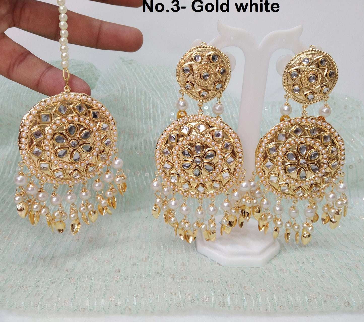 Indische Ohrringe Jadau rosa seegrün, gold weiß Pippal Patti Ohrringe Tikka Set /Punjabi Indian Tikka Set