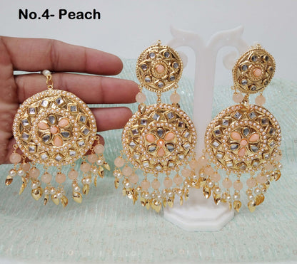 Indian Earrings Jadau  pink seagreen, gold white Pippal Patti Earrings Tikka Set /Punjabi Indian Tikka Set