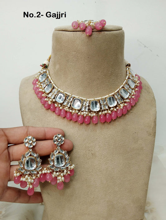 Indian Jewellery/ Gold Semi Bridal Kundan necklace Set Indian Pink, Gajjri jones Wedding  Jewellery bollywood Necklace set