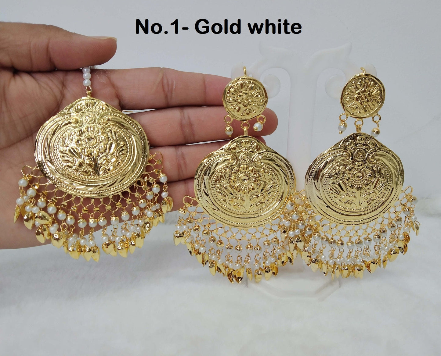 Jadau Gold White,Navrattan,Maroon Earrings Tikka /Indian Big Earrings Tikka Set/ Punjabi Indian Jewellery/Bollywood Pakistani Set