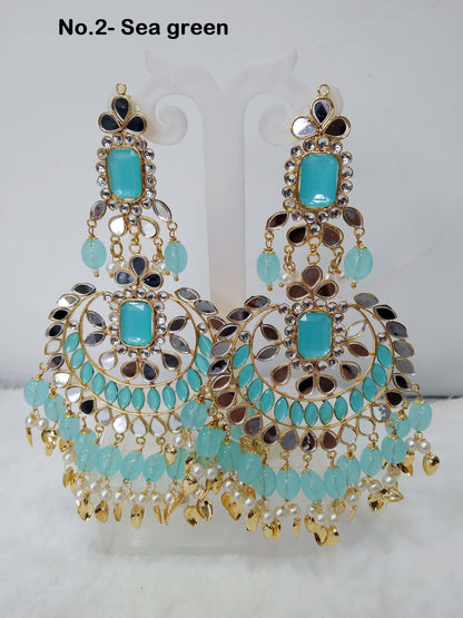 Indian Earrings  Jewellery/Gold, Peach,Sea green, dark pink Pipal Patti Jadau Earrings Tikka