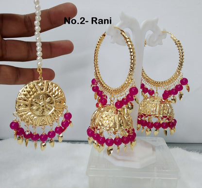 Jadau Gold pink, rani , peach , green, multicolor Jhumka Earrings Tikka/Indian Jhumka Tikka Set/pipal patti Punjabi Jewellery/Jhumki Set