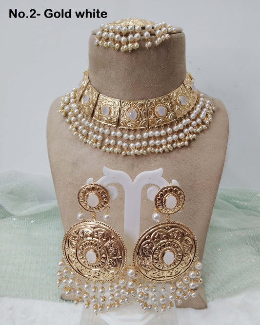 Jadau Navrattan Choker Necklace Set/Bridal Indian Bollywood Punjabi Muslim Necklace Old School Style Kundan Pakistani Jewelry Set