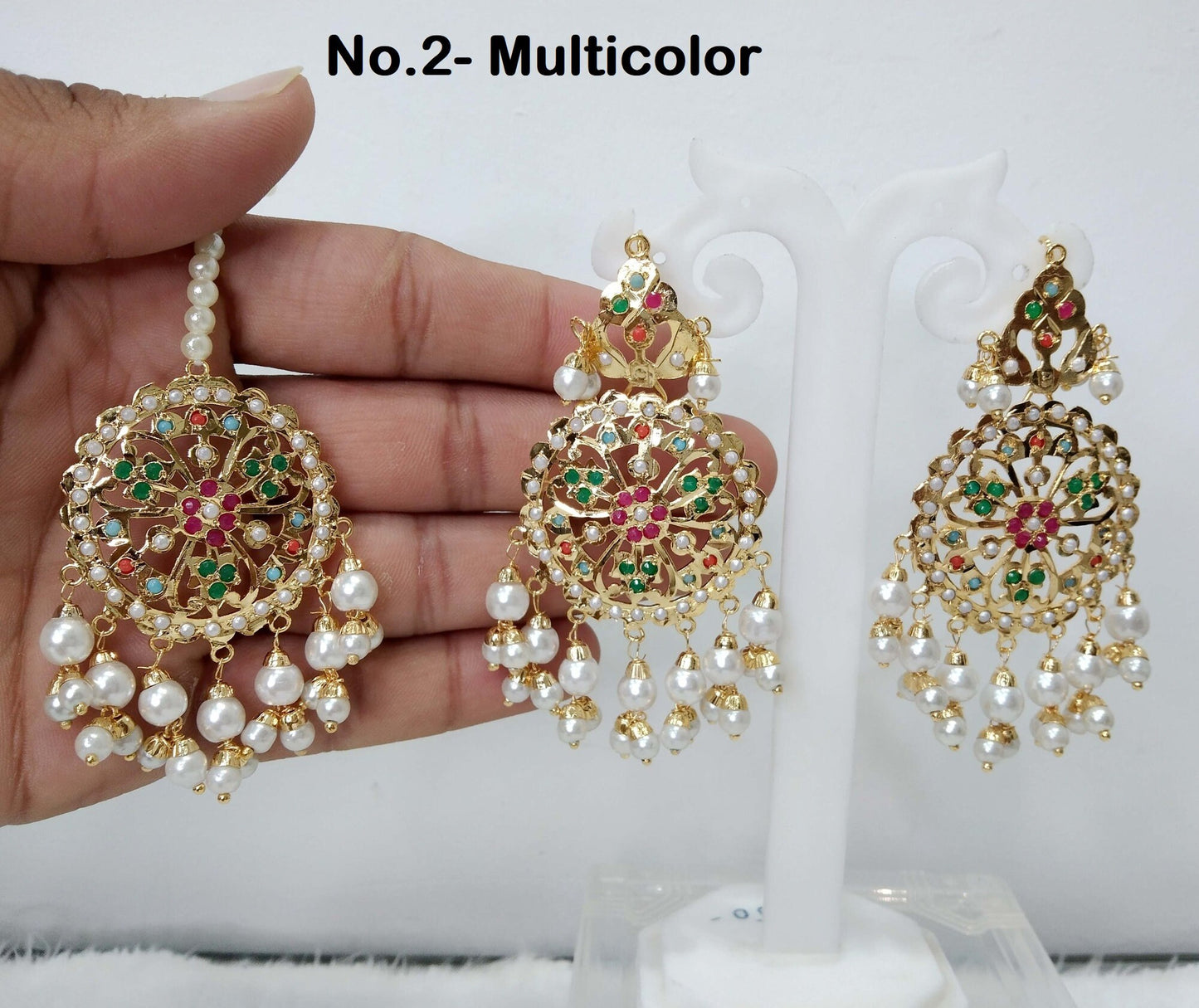 Firoja Jhumka Earrings Tikka Jadau Gold Plat Big /Indian Pearl Blue Jhumka Tikka Set/Chandbali Punjabi Indian Jewellery/Muslim Jhumki Set