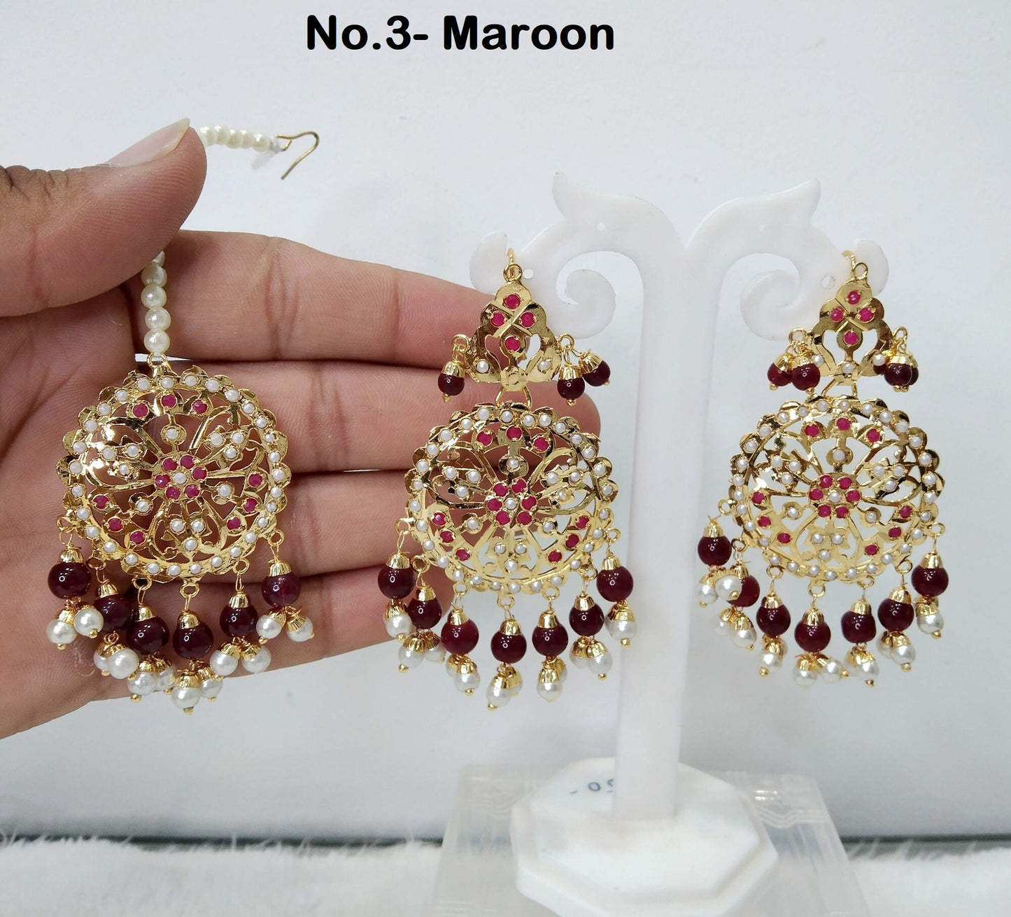 Firoja Jhumka Earrings Tikka Jadau Gold Plat Big /Indian Pearl Blue Jhumka Tikka Set/Chandbali Punjabi Indian Jewellery/Muslim Jhumki Set