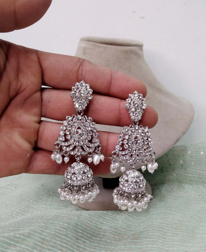 Indian Jewellery/Chandbali Indian Earrings/Indian Antique gold Silver Bridal Earrings Tikka Set Jewellery/ Bollywood Jewellery/ Earrings Tikka