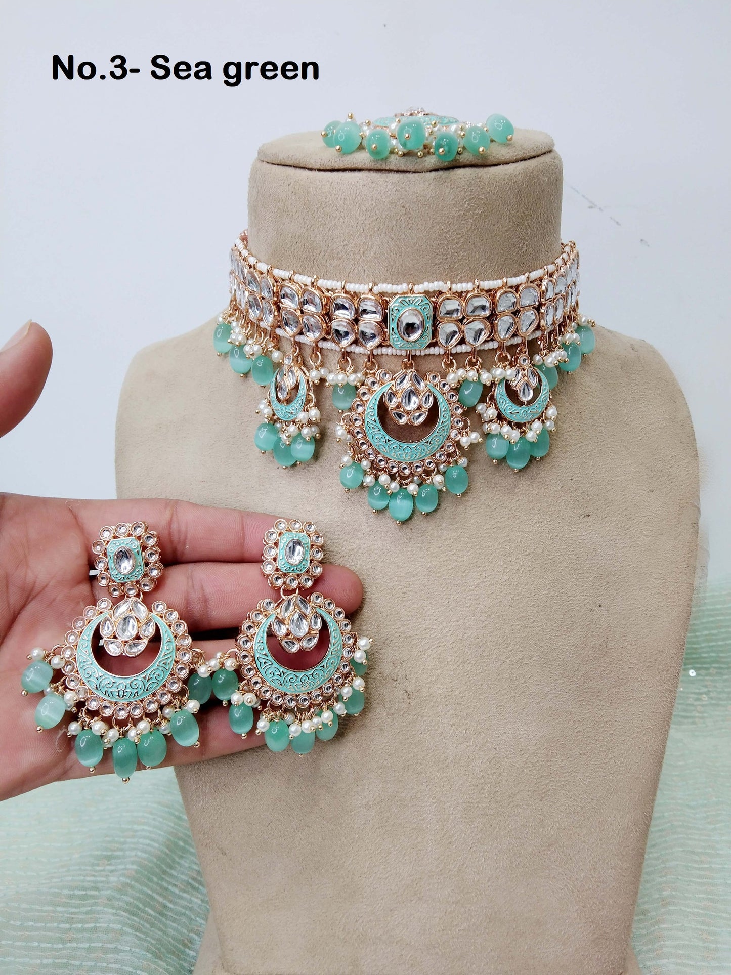 Indian jewellery kundan Choker Set Necklace Earrings Set/Gold white, Green set Indian Ferry Jewellery Necklace Set/Indian Choker Set