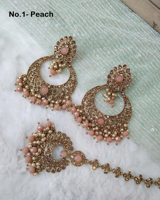 Indian Jewellery/Gold Indian Earrings Tikka Set/Indian dark gold ,Green, peach chand balli  Earrings Set Jewellery/Wedding Bridal Jewellery Set