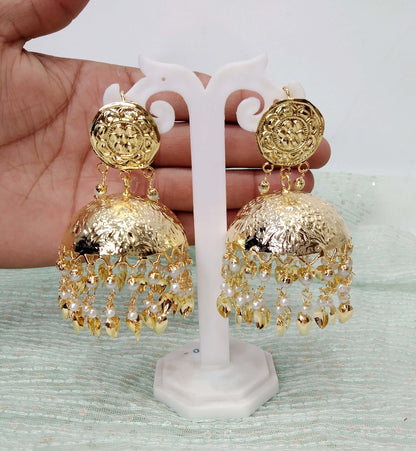 Indian Earrings Jhumka Jadau Gold Plat Big Earrings Tikka /Indian Jhumka Tikka Set/ Punjabi Indian Jewellery