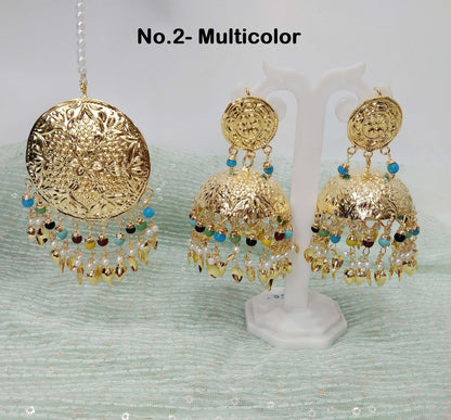 Indian Earrings Jhumka Jadau Gold Plat Big Earrings Tikka /Indian Jhumka Tikka Set/ Punjabi Indian Jewellery