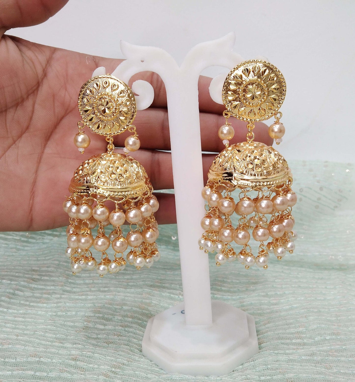 Jadau Gold, Pink ,Ivory ,Yellow ,Firoji Jhumka Jhumki Earrings Tikka /Indian Pearl Jhumka Tikka Set/ Punjabi Jewellery/Muslim Jhumki Set