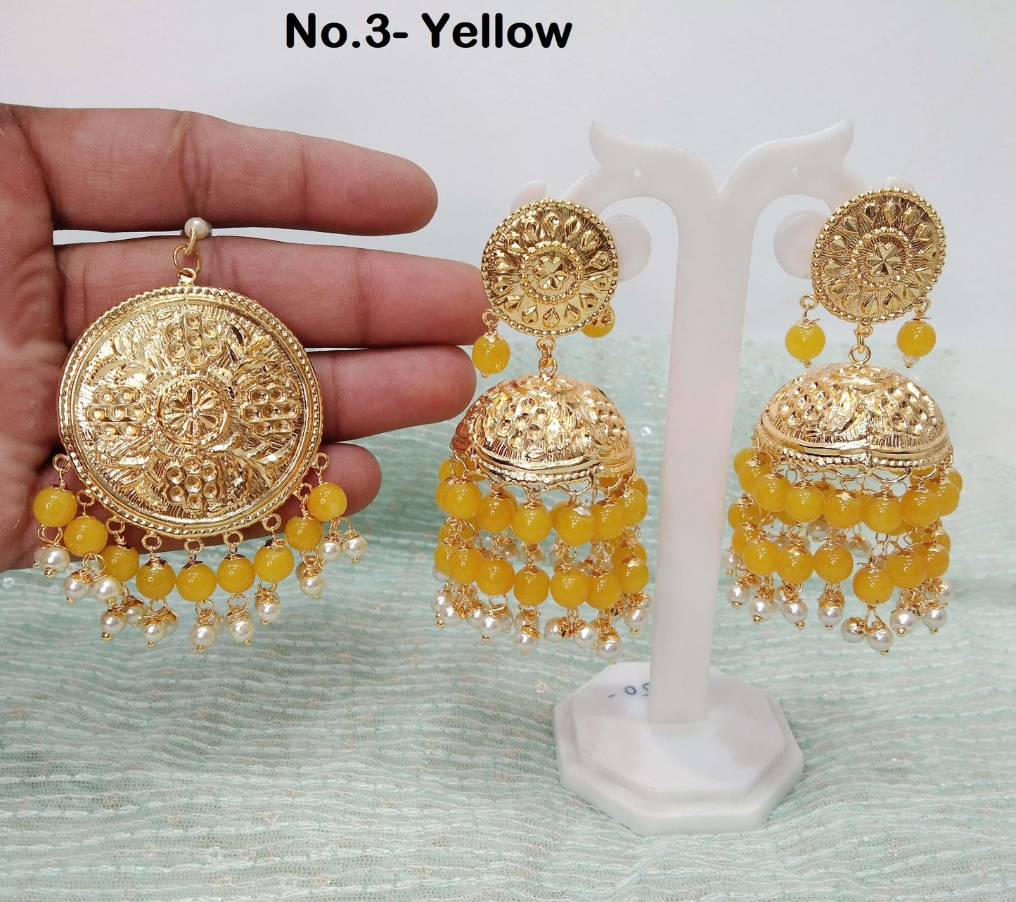 Jadau Gold, Pink ,Ivory ,Yellow ,Firoji Jhumka Jhumki Earrings Tikka /Indian Pearl Jhumka Tikka Set/ Punjabi Jewellery/Muslim Jhumki Set