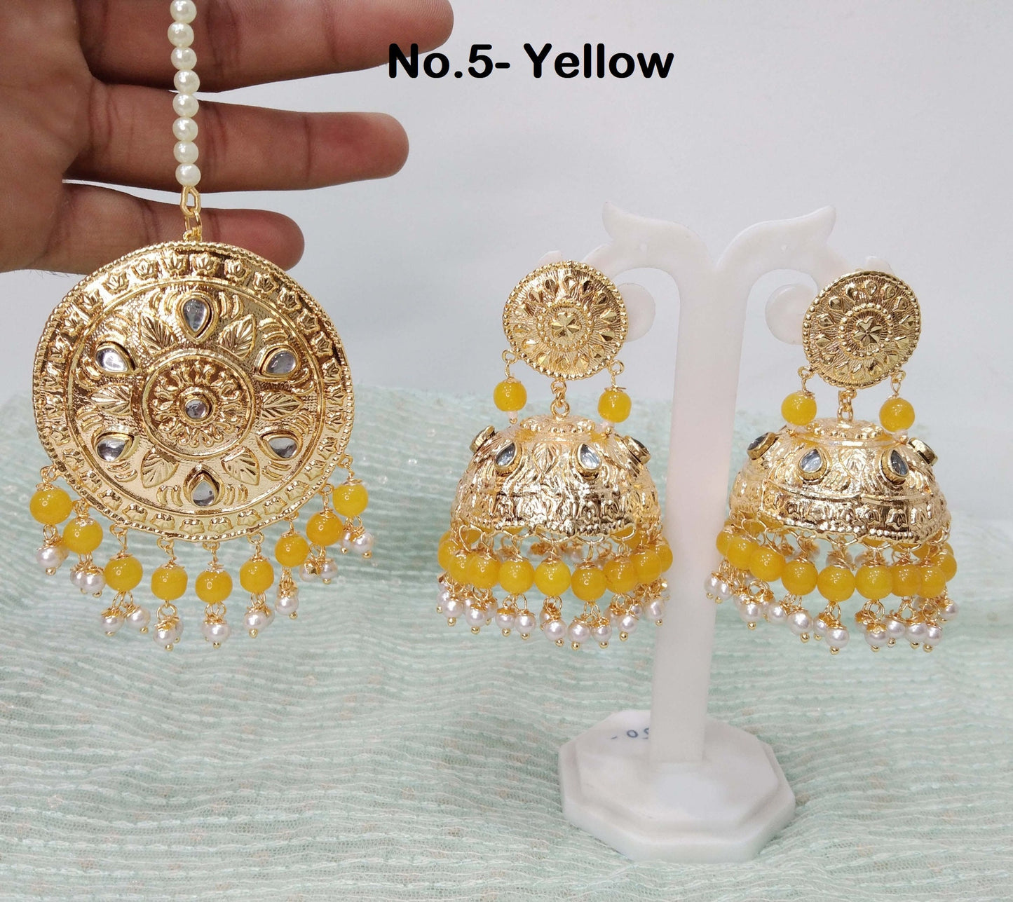 Indian Earrings Jhumka Jadau Gold Plat Big Gajri Peach Earrings Tikka /Indian Jhumka Tikka Set/ Punjabi Indian Jewellery