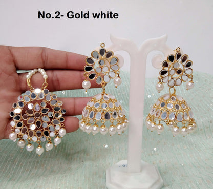 Indian Earrings Jhumka Jadau Gold Plated jadau mirror Earrings Tikka /Indian Jhumka Tikka Set/ Punjabi Indian Jewellery