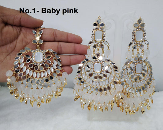 Indian Earrings  Jewellery/Gold, Peach,Sea green, dark pink Pipal Patti Jadau Earrings Tikka