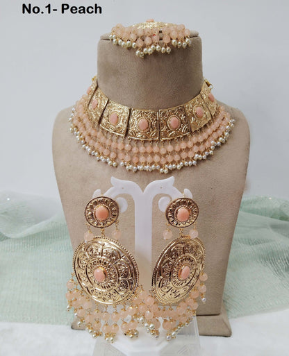 Jadau Navrattan Choker Necklace Set/Bridal Indian Bollywood Punjabi Muslim Necklace Old School Style Kundan Pakistani Jewelry Set