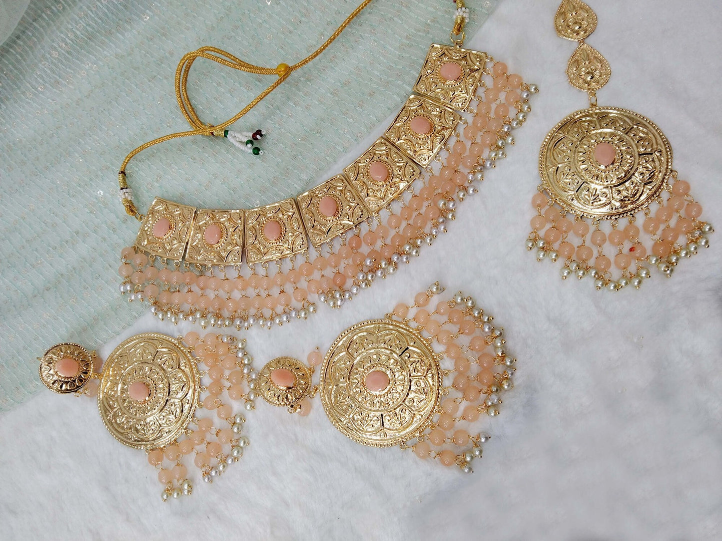 Jadau Navrattan Choker Necklace Set/Bridal Indian Bollywood Punjabi Muslim Necklace Old School Style Kundan Pakistani Jewelry Set