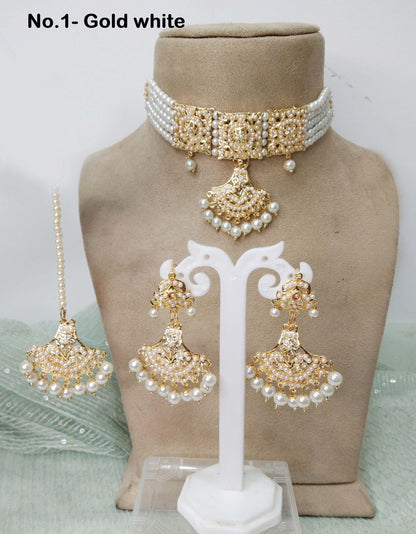 Jadau Gold Pearl Choker Necklace Set/Gold white Indian Necklace Set/Bollywood Punjabi Indian Jewellery/Muslim Necklace Set