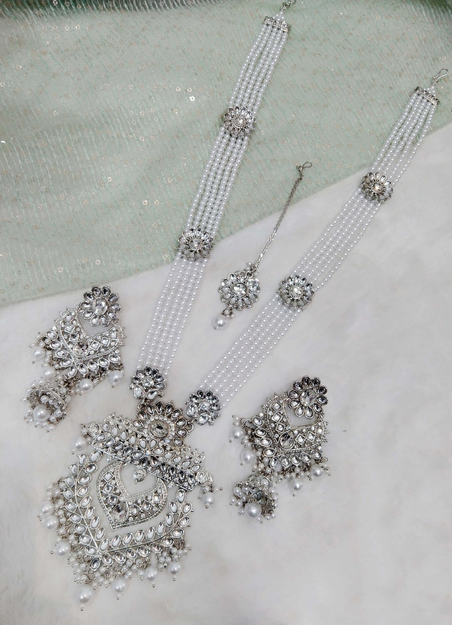 Rani Haar Kundan langes Halsketten-Set/Silber Indisches Halsketten-Set/Indischer Kundan-Schmuck/Muslimisches langes Halsketten-Set