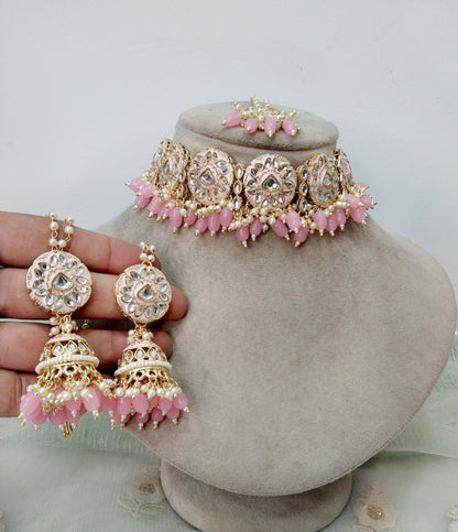 Pink Yellow Indian Jewellery Kundan choker Set Indian Maroon Wedding Bridal choker, bridesmaids babli set,Punjabi set