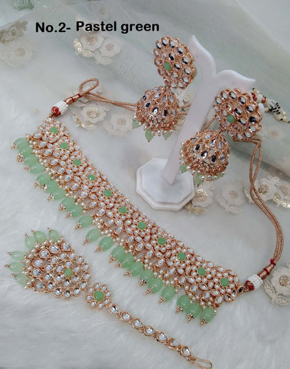 Indian jewellery Rose gold kundan Choker Set Necklace Earrings Set/Rose pink, maroon, Pastel green Indian rita Jewellery Necklace Set/Choker Set