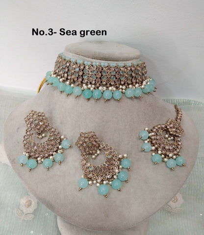 Indian  Jewellery/Dark gold  choker Set/Bollywood sea green,ruby, mint pink, peach Indian Jewellery Set /Reva Bridesmaid sets