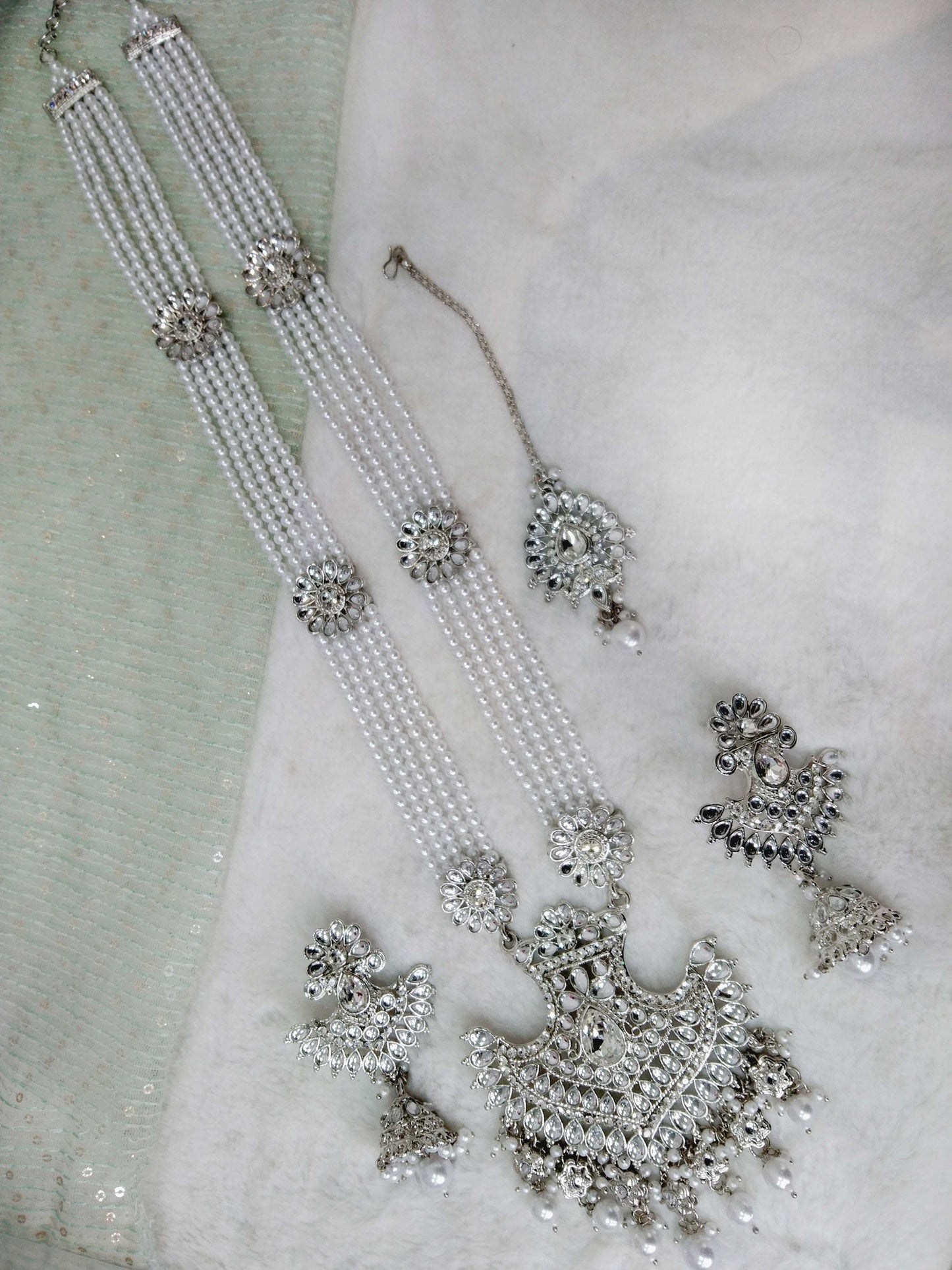 Rani Haar Kundan langes Halsketten-Set/Silber Indisches Halsketten-Set/Indischer Kundan-Schmuck/Muslimisches langes Halsketten-Set