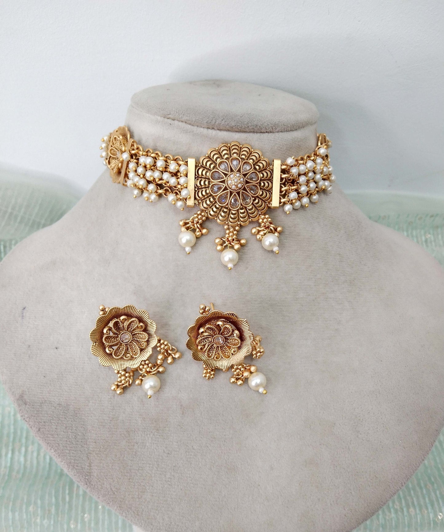 Choker Set Polki indian Jewellery Necklace Set/ Bollywood Style Gold Finish South Indian chil bridal Jewellery/