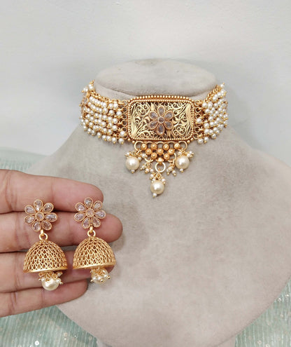 Choker Set Polki indian Jewellery Necklace Set/ Bollywood Style Gold Finish South Indian chil bridal Jewellery/