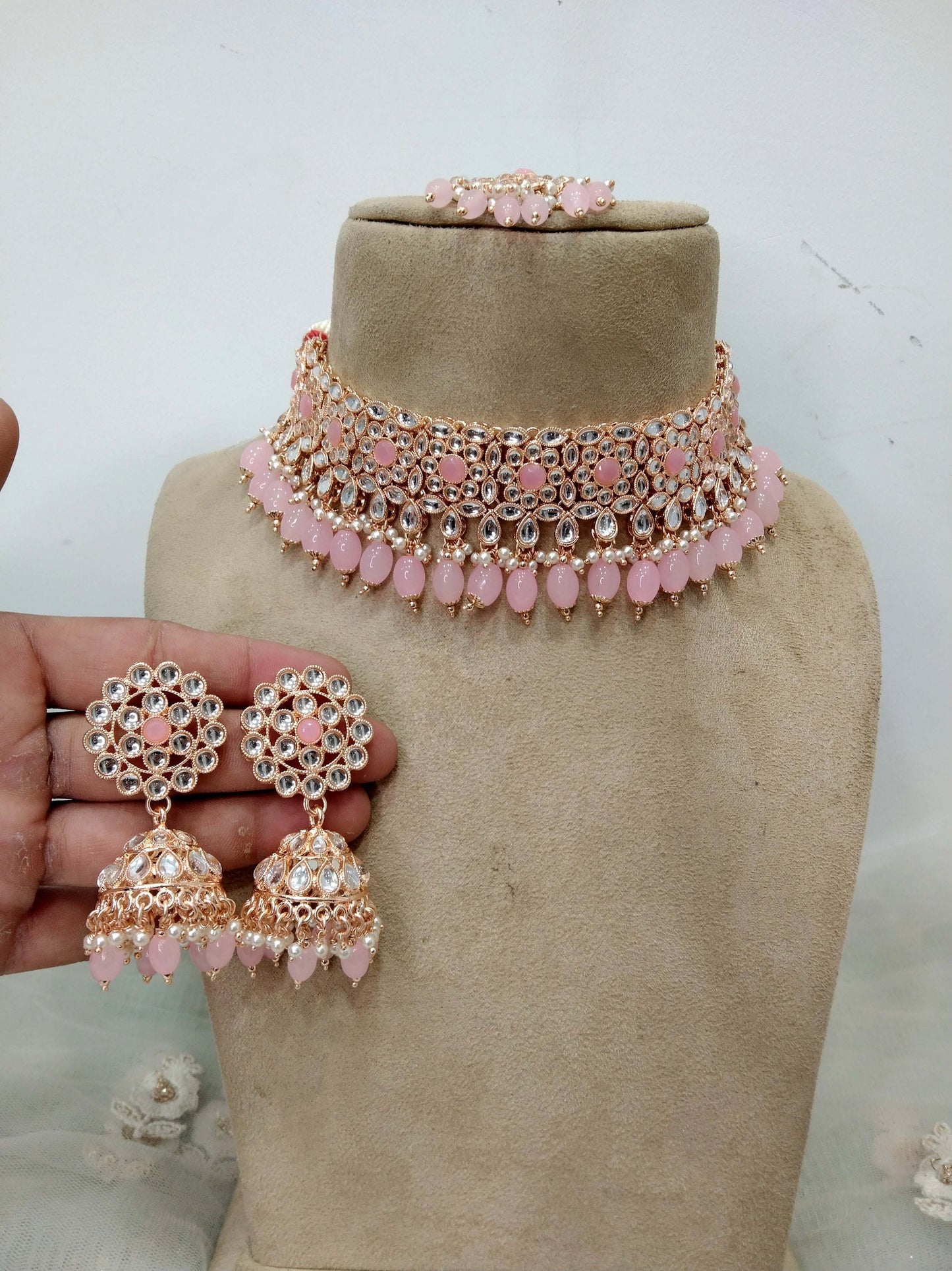 Indian jewellery Rose gold kundan Choker Set Necklace Earrings Set/Rose pink, maroon, Pastel green Indian rita Jewellery Necklace Set/Choker Set