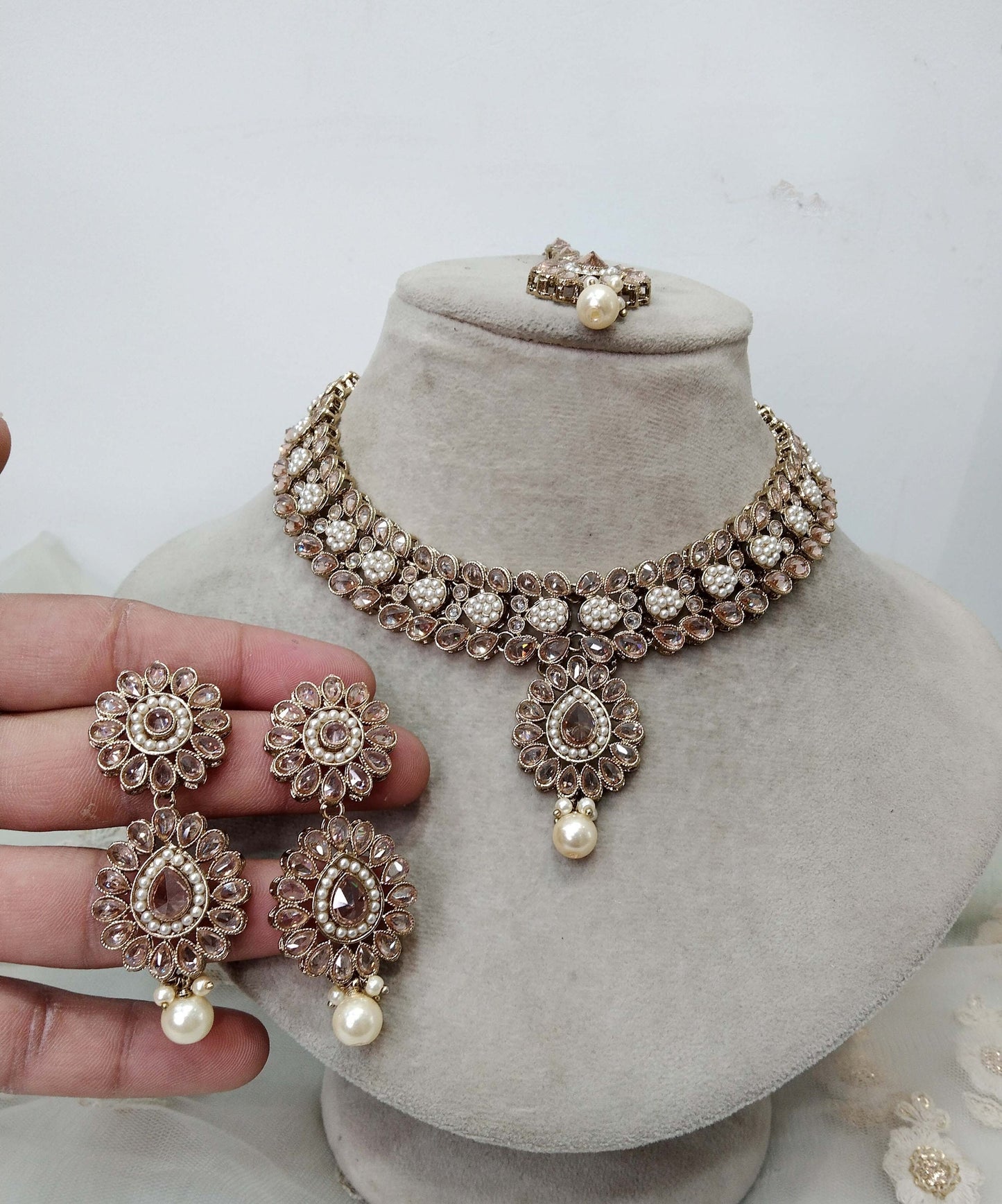 Indian  Jewellery/Mehndi polish dark gold necklace Set/Bollywood Indian Jewelry Jewellery tina Set /Bridesmaid sets/ Champagne stones